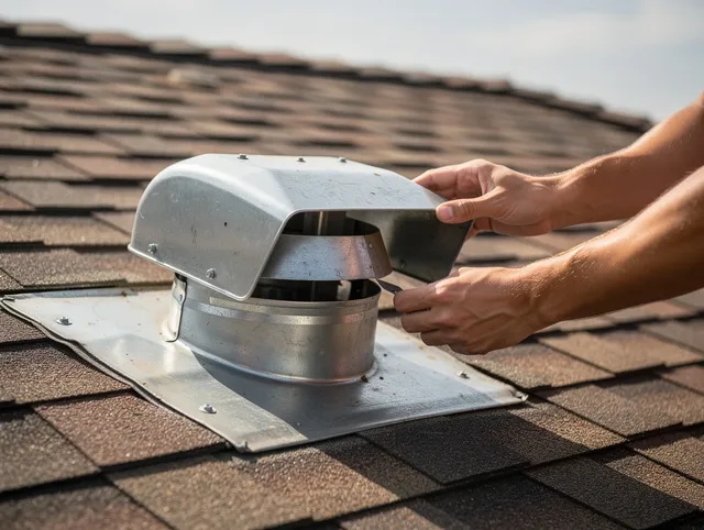 Temescal Valley Dryer Vent Cleaning certified technician safely cleaning a roof-mounted dryer vent in Temescal Valley