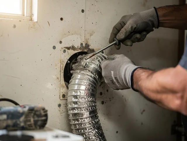 Temescal Valley Dryer Vent Cleaning technician performing precise dryer vent hose installation in Temescal Valley